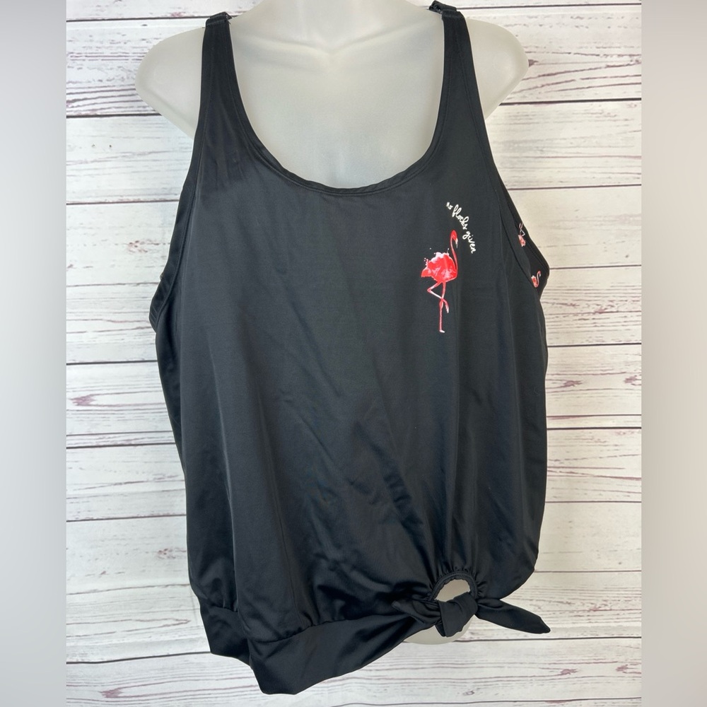 Cacique Black Tankini Top with Pink Flamingo Accent
